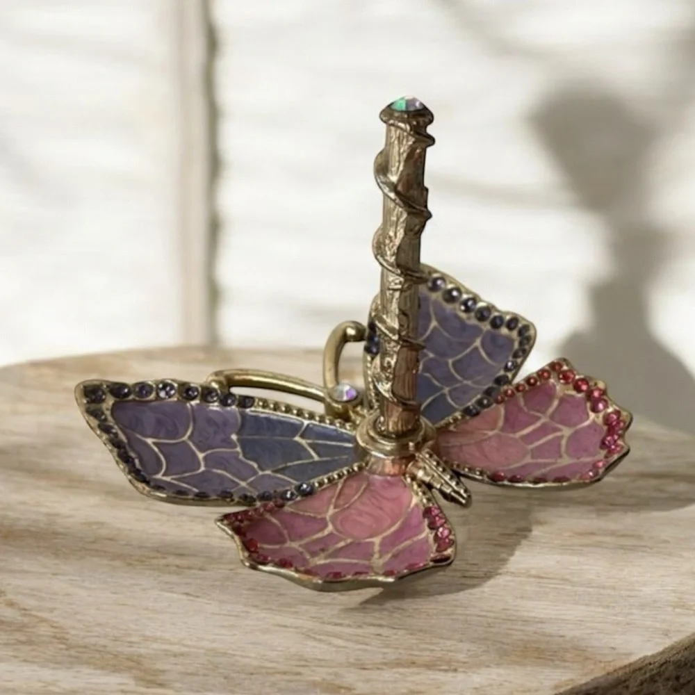 Pink purple Enamel and Gold Plated Butterfly Jewelry Ring Holder w/ Crystals